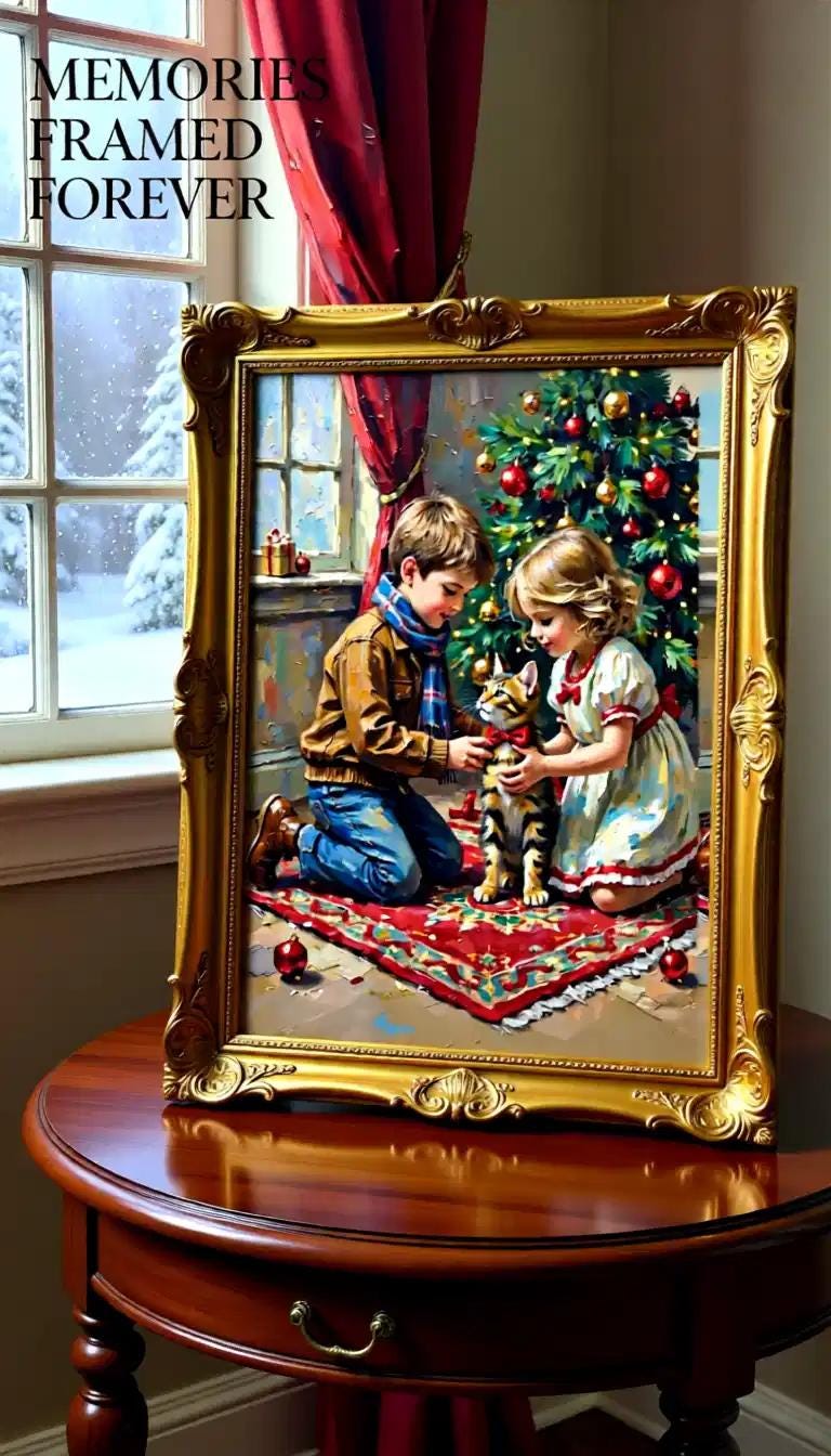 A boy and a girl Art Print | Cute Tabby Cat Holiday Digital Download | Christmas Greeting Card Printable | Festive Wall Art