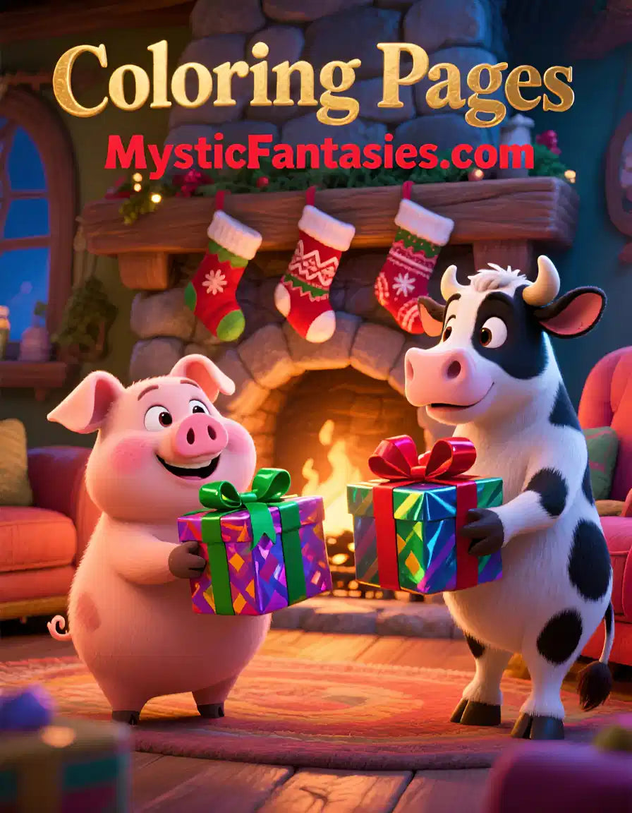 A Funny Cow and Piggy Coloring Pages Digital Download