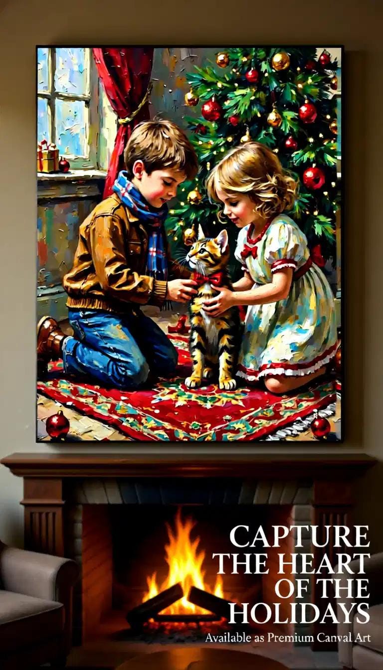 A boy and a girl Art Print | Cute Tabby Cat Holiday Digital Download | Christmas Greeting Card Printable | Festive Wall Art