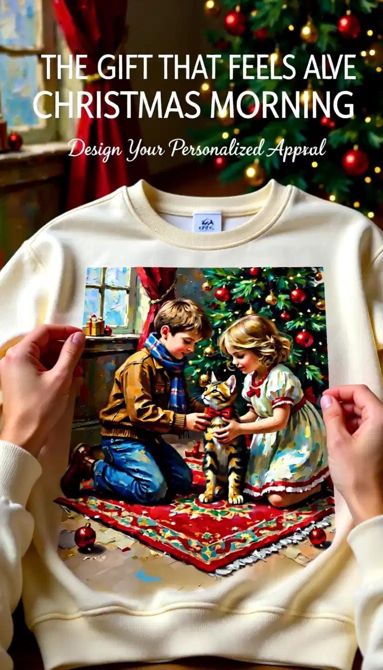 A boy and a girl Art Print | Cute Tabby Cat Holiday Digital Download | Christmas Greeting Card Printable | Festive Wall Art