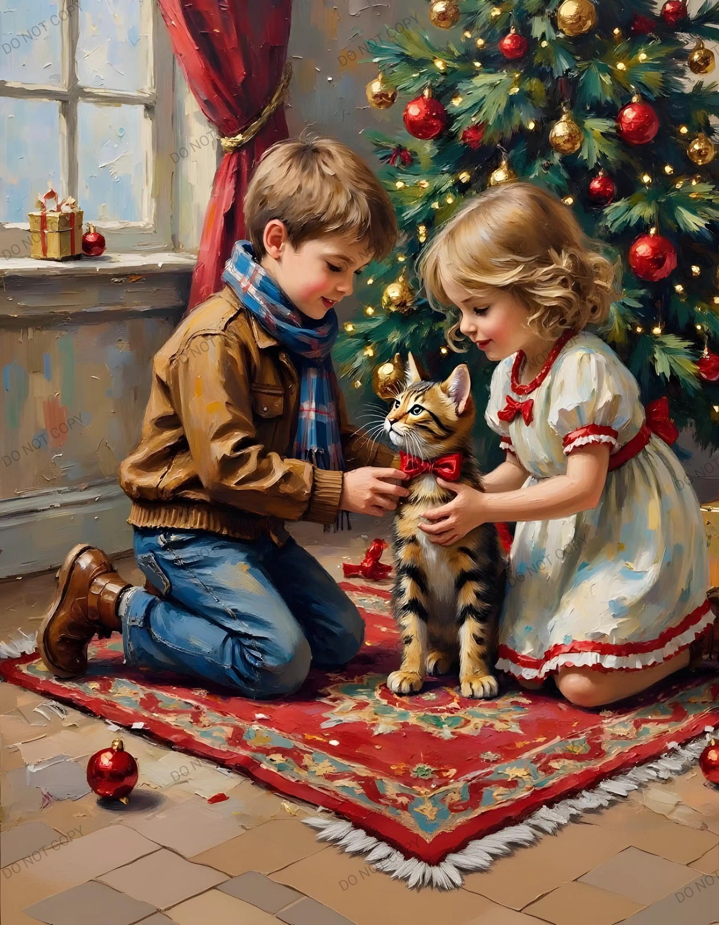 A boy and a girl Art Print | Cute Tabby Cat Holiday Digital Download | Christmas Greeting Card Printable | Festive Wall Art