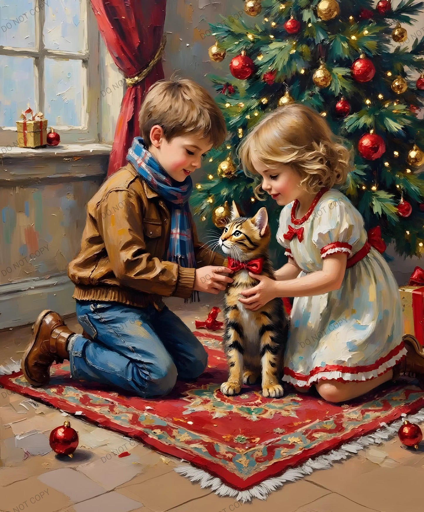 A boy and a girl Art Print | Cute Tabby Cat Holiday Digital Download | Christmas Greeting Card Printable | Festive Wall Art