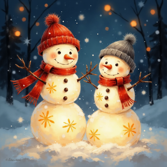 Two Cozy Snowmen Friends Digital Art Print