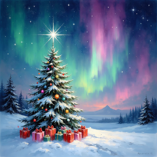 Aurora Borealis Christmas Tree Landscape Art Print
