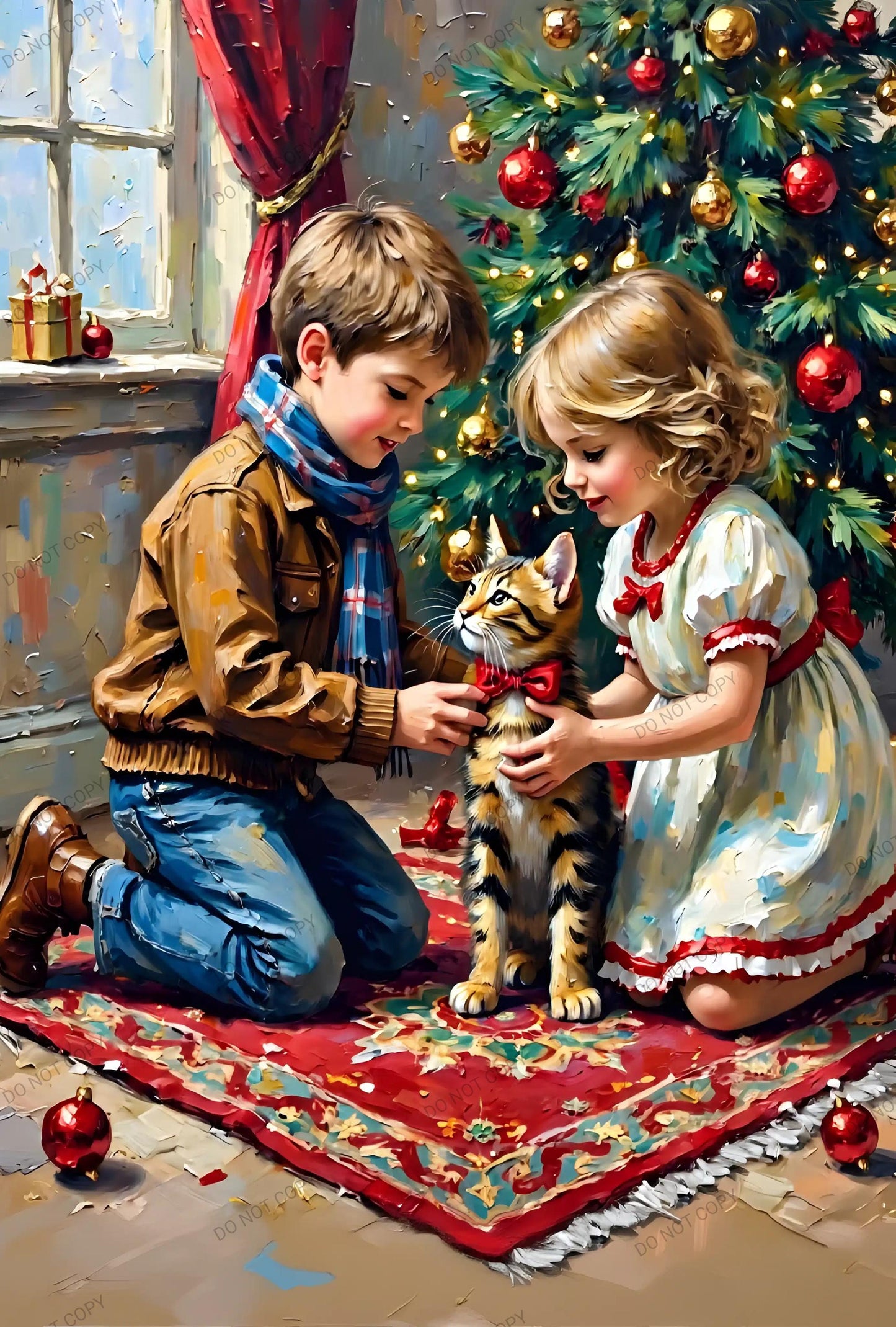 A boy and a girl Art Print | Cute Tabby Cat Holiday Digital Download | Christmas Greeting Card Printable | Festive Wall Art