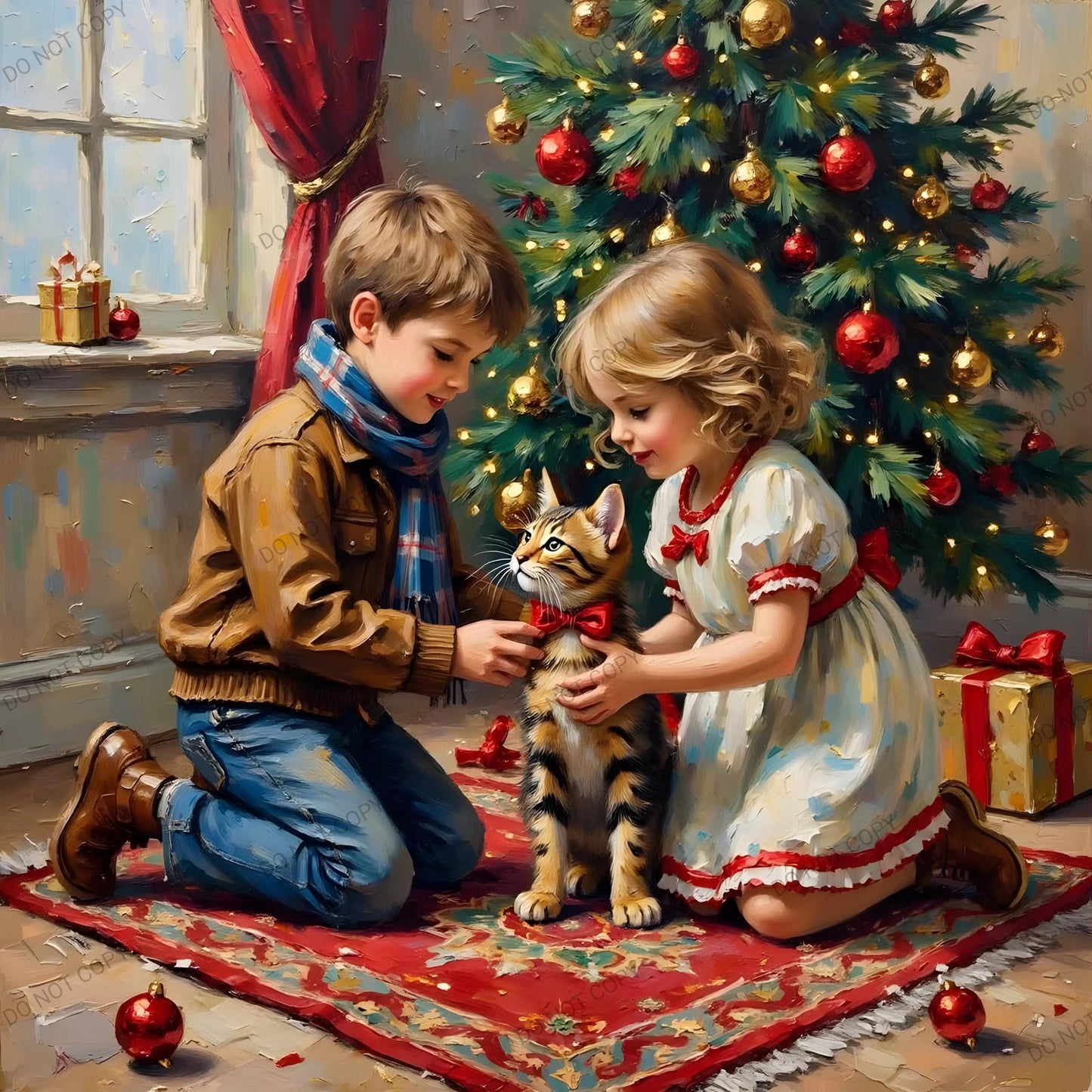 A boy and a girl Art Print | Cute Tabby Cat Holiday Digital Download | Christmas Greeting Card Printable | Festive Wall Art